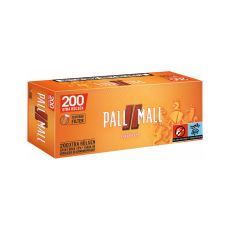 Packung Pall Mall Allround Rot 200 Xtra Hülsen. Orange Packung mit rotem Pausezeichen und roter Pall Mall Aufschrift.