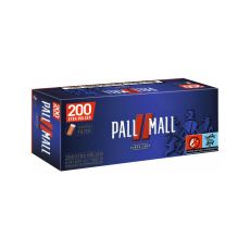Packung Zigarettenhülsen Pall Mall Rot Xtra 200. Blaue Packung mit rotem Pausezeichen und weißer Pall Mall Aufschrift.