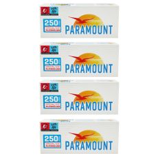 Gebinde Zigarettenhülsen Paramount Blue 250 Special Size. Vier weiße Packungen mit blauem Paramount Logo.