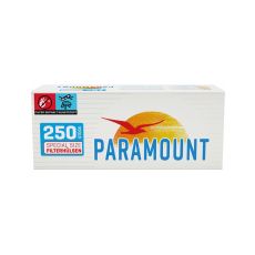 Packung Zigarettenhülsen Paramount Blue Special Size 250. Weiße Packung mit blauem Paramount Logo mit Vogel und Sonne.