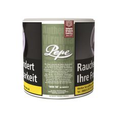 Dose Tabak Pepe Rich Green. Dunkelgrüne Dose mit weißem Pepe Logo und Warnhinweis.