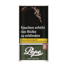 Pouch Pepe Tabak Dark Green. Dunkel-grünes Päckchen mit weißer Pepe Aufschrift und Warnhinweis.