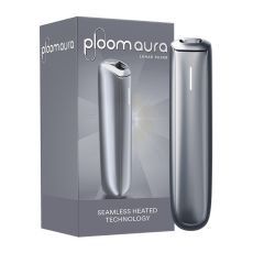 Ploom Tabakerhitzer Aura Jet Lunar Silver. Silbernes schmales Gerät mit silberner Verpackung und Ploom Aura Aufschrift.