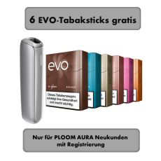 Ploom Tabakerhitzer Lunar Silver mit fünf Evo Tabaksticks und Registrierungsbottom.