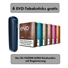 Ploom Tabakerhitzer Navy Blue mit fünf Evo Tabaksticks und Registrierungsbottom.