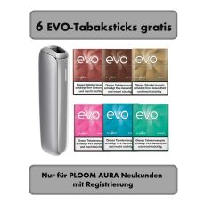 Ploom Tabakerhitzer Lunar Silver mit sechs Packungen Evo Tabaksticks und Registrierungsbottom.