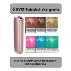 Ploom Tabakerhitzer Rose Gold mit sechs Evo Tabaksticks Packungen und Registrierungsbottom.