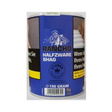 Dose Rancho Tabak Halfzware Shag Blau. Blaue Dose mit Rancho Logo und Reiter.	