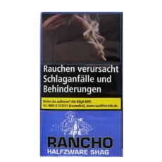 Pouch Rancho Tabak Halfzware Shag Blau. Blaues Päckchen mit Rancho Logo und Cowboy.