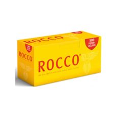 Packung Zigarettenhülsen Rocco 500 King Size. Gelbe Packung mit roter Rocco Aufschrift und 500 Button.