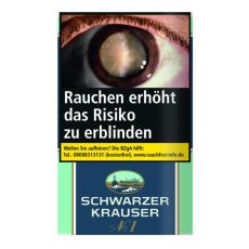 Pouch Schwarzer Krauser No 1 Tabak. Mintgrün-blaues Päckchen mit weißer Schwarzer Krauser Aufschrift und Logo.