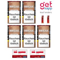 Sparset Break Tabak Authentic 65g Dose. Fünf hellbraune Dosen mit weißem Break Logo, Break Plus 200 Hülsen und Feuerzeuge.