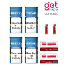 Sparset Break Tabak Blau 100g Dose. Vier blaue Dosen mit weißem Break Logo, Break Plus Hülsen und Feuerzeuge.
