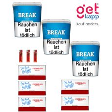 Sparset Break Tabak Blau Giga Box. Drei große blaue Eimer mit weißem Break Logo, Du hast die Wahl Hülsen und Feuerzeuge.