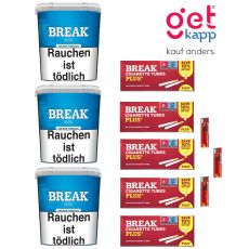Sparset Break Tabak Blau Giga Box. Drei  große blaue Eimer mit weißem Break Logo und fünf Break Plus Hülsen und Feuerzeuge.