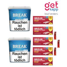 Sparset Break Tabak Blau Titan Box. Zwei große blaue Eimer mit weißem Break Logo, Extra-Hülsen und Feuerzeuge.