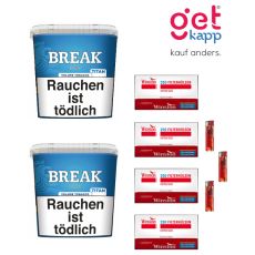 Sparset Break Tabak Blau Titan Box. Zwei große blaue Eimer mit weißem Break Logo, Extra-Hülsen und Feuerzeuge.