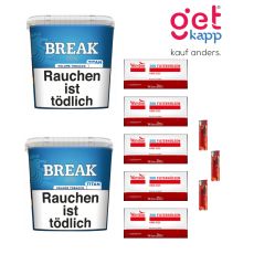 Sparset Break Tabak Blau Titan Box. Zwei große blaue Eimer mit weißem Break Logo, Hülsen und Feuerzeuge.
