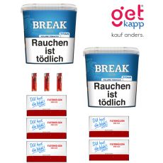 Sparset Break Tabak Blau Titan Box. Zwei große blaue Eimer mit weißem Break Logo, Hülsen Du hast die Wahl und Feuerzeuge.