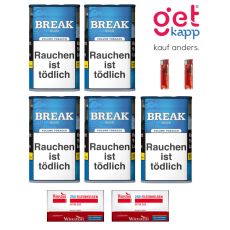 Sparset Break Tabak Blau Dose. Fünf blaue Dosen mit weißem Break Logo, Break Plus Hülsen und Feuerzeuge.