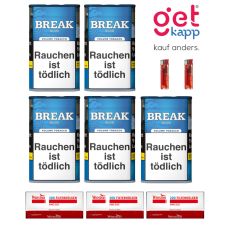 Sparset Break Tabak Blau Dose. Fünf blaue Dosen mit weißem Break Logo, Hülsen und Feuerzeuge.