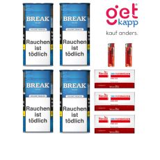 Sparset Break Tabak Blau 100g Dose. Vier blaue Dosen mit weißem Break Logo, Hülsen und Feuerzeuge.