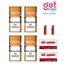 Sparset Break Tabak Orange Dose. Vier orange Dosen mit weißem Break Logo, Break Plus Hülsen und Feuerzeuge.