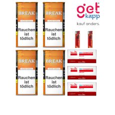 Sparset Break Tabak Orange Dose. Vier orange Dosen mit weißem Break Logo, Hülsen und Feuerzeuge.