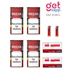Sparset Break Tabak Original Rot Dose. Vier rote Dosen mit weißem Break Logo, Break Plus Hülsen und Feuerzeuge.