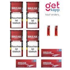 Sparset Break Tabak Original Rot Dose. Vier rote Dosen mit weißem Break Logo, Hülsen und Feuerzeuge.
