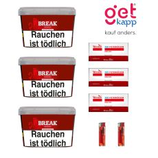 Sparset Break Tabak Original Rot Big Box. Drei rote Eimer mit weißem Break Logo, Hülsen und Feuerzeuge.