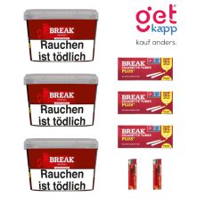 Sparset Break Tabak Original Rot Big Box. Drei rote Eimer mit weißem Break Logo, drei Break Plus Hülsen und Feuerzeuge.