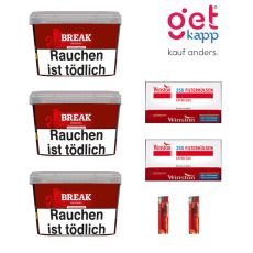 Sparset Break Tabak Original Rot Big Box. Drei rote Eimer mit weißem Break Logo, zwei Winston 250 Extra Hülsen und Feuerzeuge.