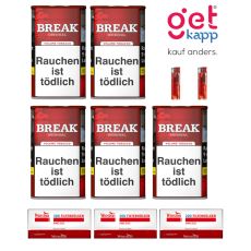 Sparset Break Tabak Original Rot Dose. Fünf rote Dosen mit weißem Break Logo, Hülsen und Feuerzeuge.