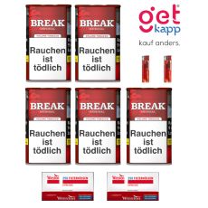 Sparset Break Tabak Original Rot Dose. Fünf rote Dosen mit weißem Break Logo, Break Plus Hülsen und Feuerzeuge.