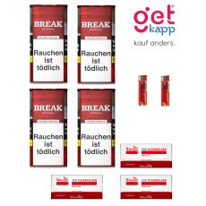 Sparset Break Tabak Original Rot Dose. Vier rote Dosen mit weißem Break Logo, Hülsen und Feuerzeuge.