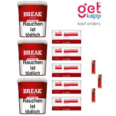Sparset Break Tabak Original Rot Giga Box. Drei  große rote Eimer mit weißem Break Logo, Hülsen und Feuerzeuge.