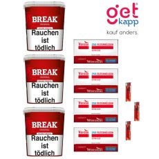 Sparset Break Tabak Rot Giga Box. Drei große rote Eimer mit weißem Break Logo, fünf Break Plus Hülsen und Feuerzeuge.