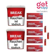 Sparset Break Tabak Original Rot Titan Box. Zwei große rote Eimer mit weißem Break Logo, Hülsen und Feuerzeuge.