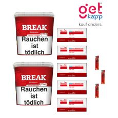 Sparset Break Tabak Original Rot Titan Box. Zwei große rote Eimer mit weißem Break Logo, Hülsen und Feuerzeuge.
