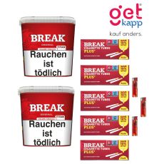 Sparset Break Tabak Rot Titan Box. Zwei große rote Eimer mit weißem Break Logo, fünf Break Plus Hülsen und Feuerzeuge.