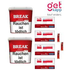 Sparset Break Tabak Rot Titan Box. Zwei große rote Eimer mit weißem Break Logo, fünf Break Plus Hülsen und Feuerzeuge.
