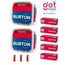 Sparset Burton Tabak Red. Zwei blau-rote Eimer mit fünf roten Burton Hülsen und Feuerzeuge.