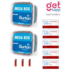 Sparset Tabak Burton Blue Mega Box. Zwei blaue Eimer mit fünf King Size Hülsen deiner Wahl und Feuerzeuge.