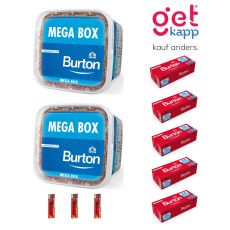Sparset Tabak Burton Volume Mega Box Blau. Zwei blaue Eimer mit Burton Hülsen und Feuerzeuge.