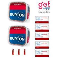 Burton Tabak Blau Mega Box 250g Sparset M + 5 Packungen King-Size Hülsen Deiner Wahl