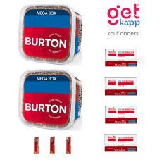 Sparset Burton Tabak Red. Zwei rot-blaue Eimer mit vier Winston Extra Hülsen und Feuerzeuge.