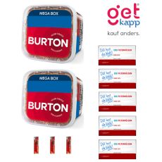 Sparset Burton Tabak Red. Zwei rot-blaue Eimer mit fünf King Size Hülsen deiner Wahl und Feuerzeuge.