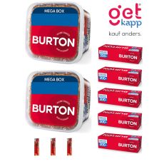 Sparset Tabak Burton Original Full Flavor Rot M. Zwei rote Eimer mit Burton Hülsen und Feuerzeuge.