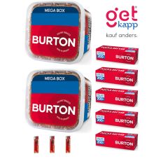 Sparset Burton Tabak Red. Zwei rot-blaue Eimer mit fünf roten Burton Hülsen und Feuerzeuge.